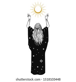 Priestess in long cloak with stars raised hands up. Vector hand drawn illustration on white background