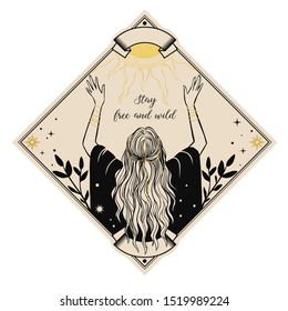 Priestess in long cloak with stars raised hands up. Vector hand drawn illustration on white background