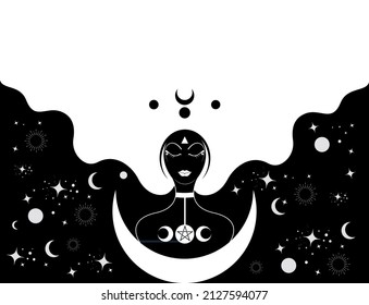 Priestess with lonh hair, template. Crescent moon, sacred wiccan black woman goddess icon. Triple Moon Religious Wicca sign. Neopaganism symbols on white celestial background 