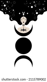 Sacerdotes con pelo largo, plantilla. Triple luna, icono sagrado de la diosa de la mujer wiccana. Signo Crescent Moon Religious Wicca. Símbolos del neopaganismo sobre fondo celestial blanco 