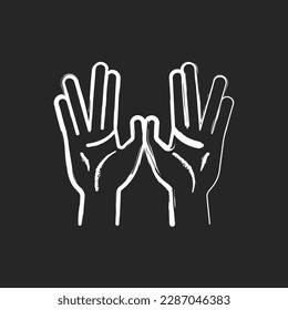 Priestly blessing hands chalk white icon on black background. Two handed symbol. Priestly benediction. Jewish tradition. Synagogue ritual. Cohanim hands. Isolated vector chalkboard illustration