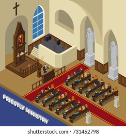 Priestly ministry isometric composition with pastor, sitting people believers, interior elements inside church 3d vector illustration