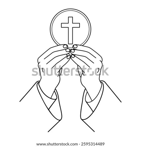Priest's hands consecrating the Host clip art. line art vector illustration