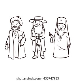 Priests set. Hand drawn cartoon vector illustration.