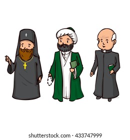 Priests set. Hand drawn cartoon vector illustration.