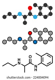 Prilocaine Local Anesthetic Drug Molecule. Stylized 2D Rendering And Conventional Skeletal Formula.