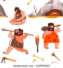 Primaeval people living in caves and wearing animal fur
