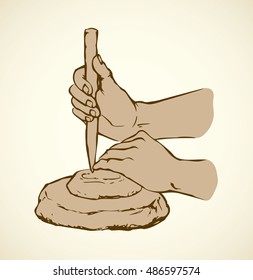 Primal aged human palms punch simple obsidian cobble instrument isolated on white backdrop. Outline ink drawn picture sketch in retro archaic engraving style. Closeup view with space for text