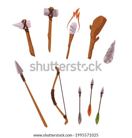 Primal ancient stone weapons and tools collection, flat vector illustration isolated on white background. Stone age historical period archaeology artefacts.