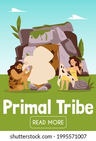 Primal tribe life background or banner with cave people cartoon characters, flat vector illustration. Stone age historical period primitive barbarian people.