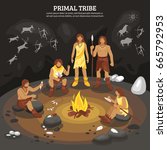 Primal tribe people with cave painting symbols flat vector ilustration