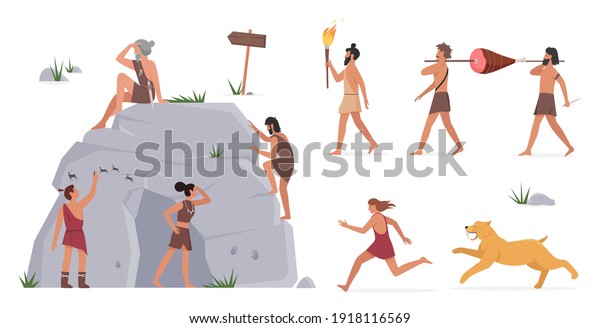 Primal tribe people vector illustration set. Cartoon primitive caveman character standing with cave and painting, tribesman warriors carry meat from hunt, running away from tiger isolated on white