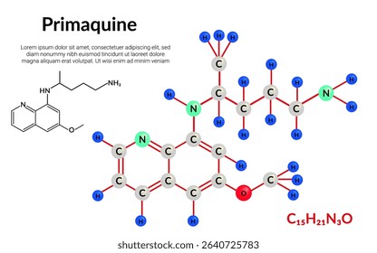 Primaquine, medication, molecular structure formula, ball-and-stick model, suitable for education or chemistry science content. Vector illustration