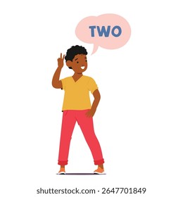 Criança idade primária personagem de desenho animado menino mostrando número dois gesticulando com a mão de pé isolado no fundo branco. Matemática e aprendizagem aritmética para crianças ilustração vetorial