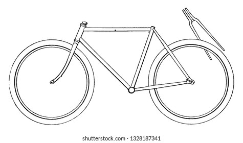 Se trata de un marco primario de bicicleta que coja de carenado preparada para el uso de los granjeros, ilustración vintage de líneas de arte grabadas. Accesorios para bicicletas - 1900