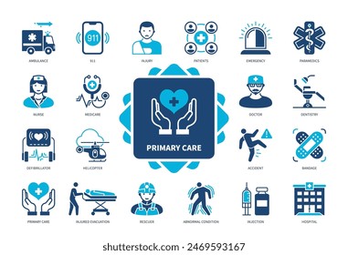 Primary Care icon set. Ambulance, Emergency, Paramedics, Accident, Rescuer, Hospital, Bandage, Defibrillator. Duotone color solid icons