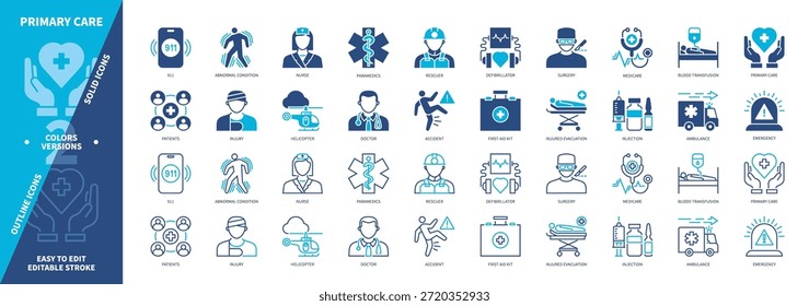 Conjunto de iconos de atención primaria. Ambulancia, Urgencias, Transporte de sangre, Accidente, Rescate, Hospital, Primeros Auxilios, Cirugía. Iconos de contorno sólidos y editables de color duotono