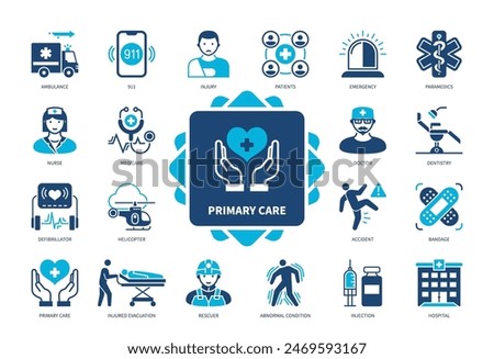 Primary Care icon set. Ambulance, Emergency, Paramedics, Accident, Rescuer, Hospital, Bandage, Defibrillator. Duotone color solid icons