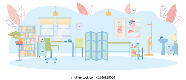 Primary Care Physician Doctors Hospital Office Background. Furnishing And Equipment For Diagnosis And Patients Initial Examination, Healing Healthcare Treatment. Flat Cartoon Vector Illustration.