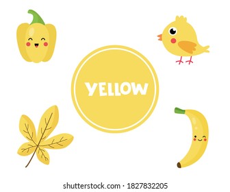 Primary colors learning for children. Cute pictures in yellow color. Educational game for kids. Activity pages for homeschool education. Practicing colors.