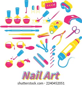 Primary colors pop art style nail art and tools set.
Nail polish and nail file, scissors, pliers, die grinder, color palette,finger. Vector illustration.