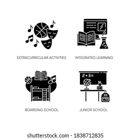 Primary education black glyph icons set on white space. Junior school with extracurricular activities and integrated learning. Private boarding school silhouette symbols. Vector isolated illustrations