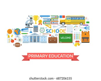 Primary education concept illustration for banner or hero image. Back to school icons. Studying and learning elements collection stylized in school-bus shape. , Stationery, equipment and appliances.