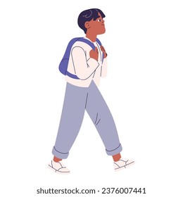 Primary education. Kid in pupil outfit walk, move, go with backpack. Student, schoolboy carrying knapsack, rucksack. Children back to elementary school. Flat isolated vector illustration on white