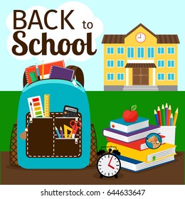 Primary education poster with building, backpack and apple. Back to school vector illustration