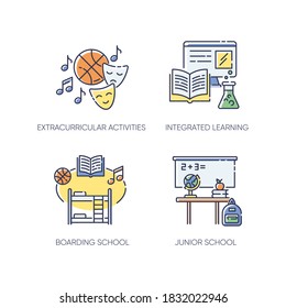 Primary education RGB color icons set. Junior school with extracurricular activities and integrated learning. Private boarding school. Isolated vector illustrations