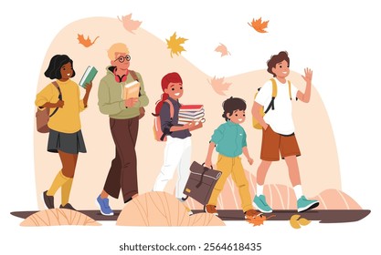 Primary, elementary or high school, college and university boys and girls student characters carrying education supplies going to study over autumn cartoon scene background vector illustration