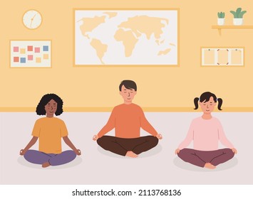 Primary or elementary school kids doing yoga in classroom. Smiling children sitting with cross legs meditating. Preschool activities, early childhood education concept. Alternative school. Vector.