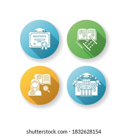 Primary and higher education flat design long shadow glyph icons set. Masters degree, elementary school, university and vocational school. Silhouette RGB color illustrations