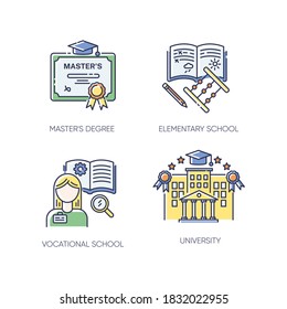 Primary and higher education RGB color icons set. Masters degree, elementary school, university and vocational school. Isolated vector illustrations