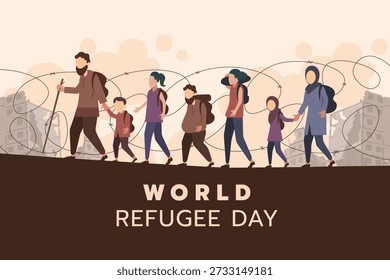 The primary image is a powerful flat-design illustration dedicated to World Refugee Day. It depicts a group of displaced individuals—men, women, and children—walking in a line, carrying their belongings in backpacks. The use of a muted, earthy color palette (browns, tans, and dusty purples) emphasizes the somber and arduous journey of refugees. In the background, silhouettes of ruined buildings and tangled barbed wire serve as a stark reminder of the conflict and barriers they flee. The bold typography at the bottom grounds the image as a call for global empathy and awareness.
