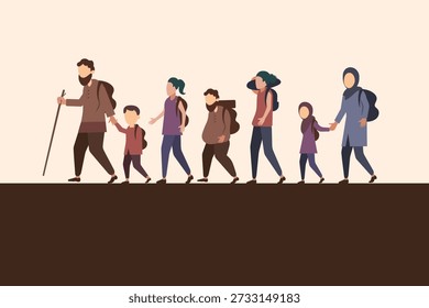 The primary image is a powerful flat-design illustration dedicated to World Refugee Day. It depicts a group of displaced individuals—men, women, and children—walking in a line, carrying their belongings in backpacks. The use of a muted, earthy color palette (browns, tans, and dusty purples) emphasizes the somber and arduous journey of refugees. In the background, silhouettes of ruined buildings and tangled barbed wire serve as a stark reminder of the conflict and barriers they flee. The bold typography at the bottom grounds the image as a call for global empathy and awareness.