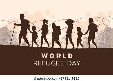 The primary image is a powerful flat-design illustration dedicated to World Refugee Day. It depicts a group of displaced individuals—men, women, and children—walking in a line, carrying their belongings in backpacks. The use of a muted, earthy color palette (browns, tans, and dusty purples) emphasizes the somber and arduous journey of refugees. In the background, silhouettes of ruined buildings and tangled barbed wire serve as a stark reminder of the conflict and barriers they flee. The bold typography at the bottom grounds the image as a call for global empathy and awareness.