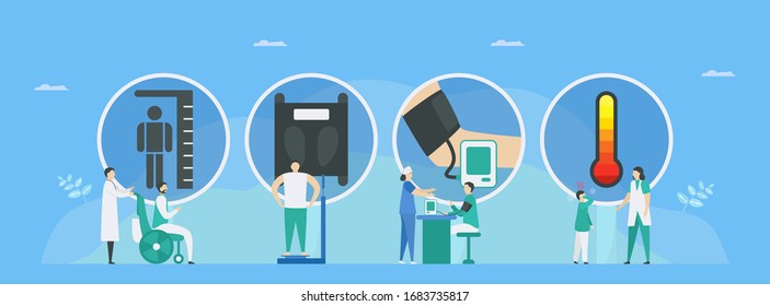 Primary Medical Measurements Include Height, Weight, Pressure And Temperature. Workflow Of Patient Care. Vector Illustration In Tiny Style.