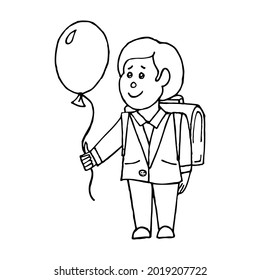 Primary pupil, schoolboy and school student with Balloon. Growing boys and education cartoon. Vector lineart illustration. It can be used for poster, brochure, presentation, invitation, cover book.