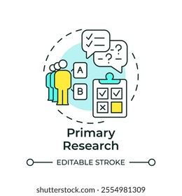 Primary research multi color concept icon. Interview questionnaire. Focus group. Round shape line illustration. Abstract idea. Graphic design. Easy to use in infographic, presentation