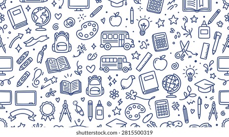 Primary school background with hand drawn icons including yellow bus outlines calculators apples and scissors simple blue outline illustrations for kindergarten teaching materials elementary school banners back to school promotions and children educational stationery.