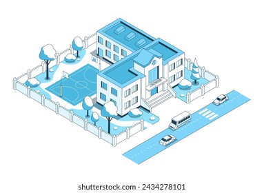 Escuela primaria y cancha de baloncesto - ilustración vectorial isométrica. Una institución educativa municipal al lado de la autopista donde conducen los autos. Entorno urbano. Conseguir conocimientos y practicar deportes