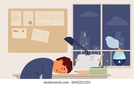 Primary school boy fell asleep at desk in his room during studying and making homework flat vector illustration.
