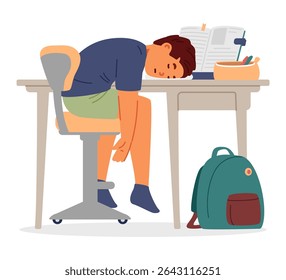 Primary school boy fell asleep at desk during studying and making homework at home flat vector illustration isolated on white.