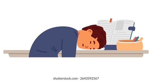 Primary school boy fell asleep at desk during studying and making homework at home flat vector illustration isolated on white.