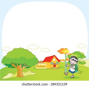 Primary school boy going to school with background