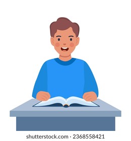 El alumno de la escuela primaria se sienta en el escritorio. Educación elemental. Niño aprendiendo lecciones en clase. Ilustración del vector