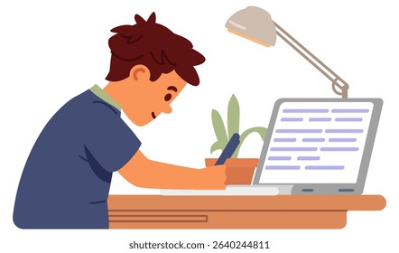 Primary school boy studying at home making homework sitting at desk with open laptop and writing flat vector illustration isolated on white.