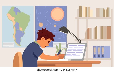 Primary school boy studying at home making homework sitting at desk in his room with open laptop and writing flat vector illustration.
