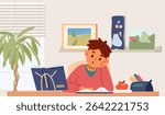 Primary school boy studying sitting at desk and reading textbook in his room flat vector illustration.